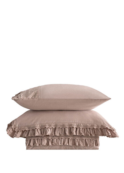 Adelya Pudra Organik Pamuk Keten Brodeli Battal Boy Nevresim Takımı 240 x 220 Cm