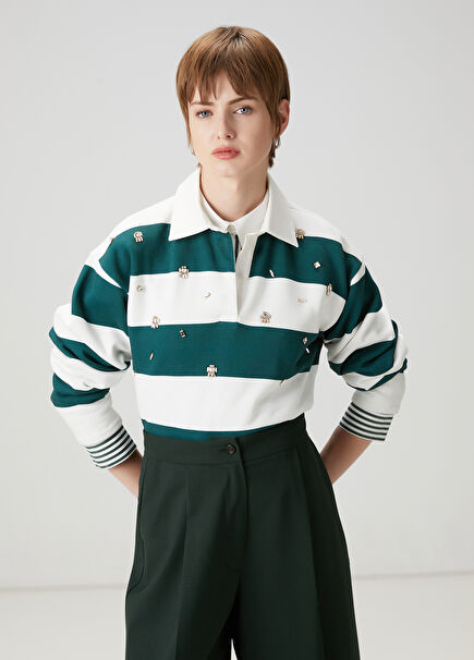 Yeşil Taşlı Çizgili Polo Sweatshirt