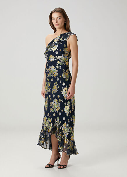 Leon Lacivert Çiçekli Maksi Elbise