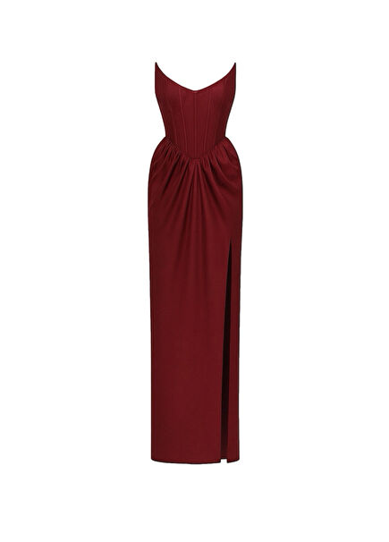 Lizz Bordo Saten Straplez Kadın Uzun Abiye Elbise