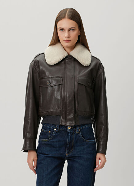 Koyu Kahverengi Shearling Yaka Deri Ceket