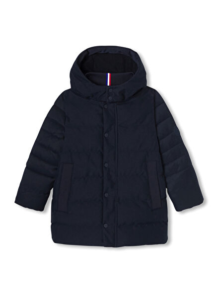 Lacivert Flanel Efektli Kapüşonlu Erkek Çocuk Mont