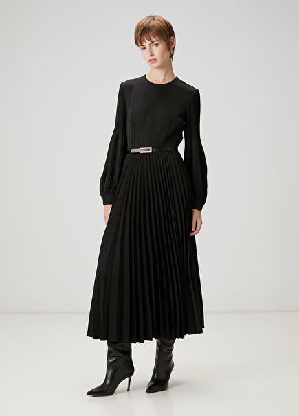 Black Pleated Midi Dress