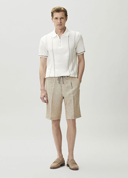 Beige Waist Corded Pleated Linen Bermuda