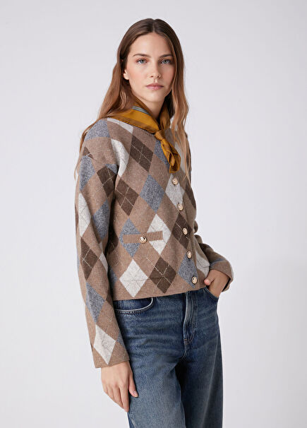 Brown Diamond Patterned Cardigan
