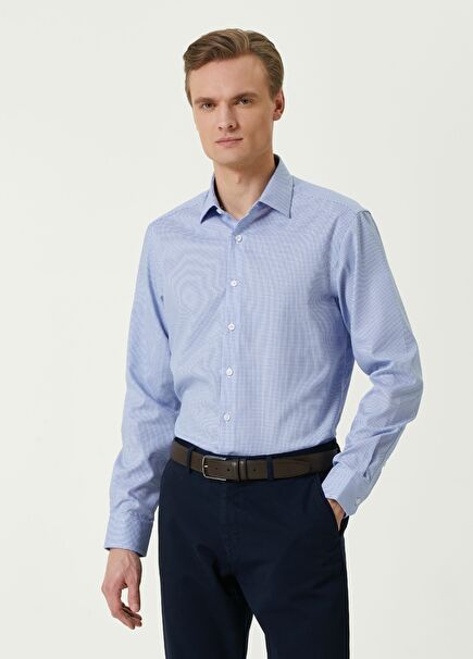 Comfort Fit Mavi Beyaz Armürlü Non-iron Gömlek