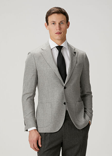 Gri Balıksırtı Desenli Yün Ceket