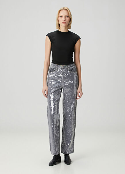 Shea Relaxed Straight Gri Payetli Jean Pantolon