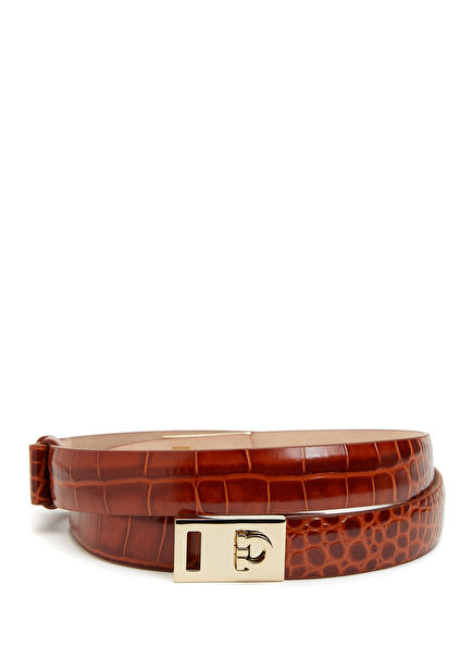 Cognac Cream Logo Women's Leather Belt With Buckle
