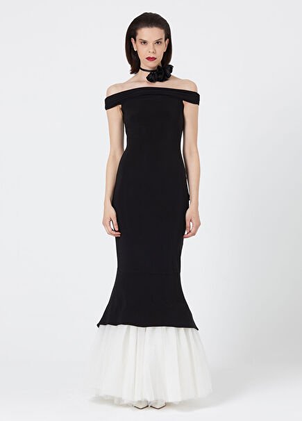 Black Tutu Skirt Jersey Off-Shoulder Women's Long Evening Dress