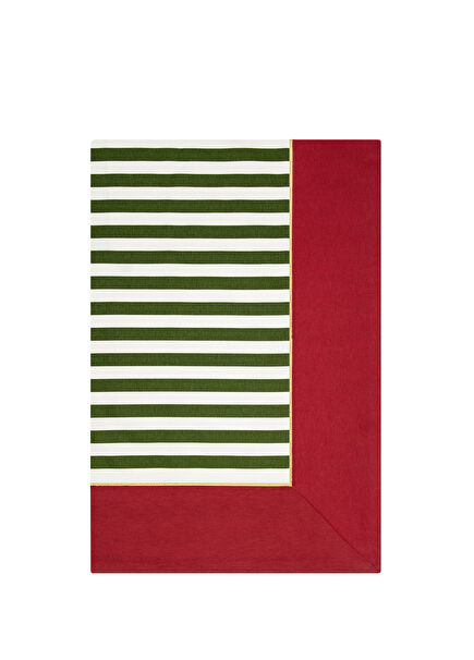 Rouge Elegance Yeşil Beyaz Çizgili ve Kırmızı Bordürlü Altın Renk İşlemeli Masa Örtüsü 260 x 160 cm
