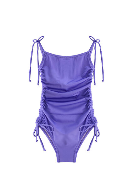 Sunny Purple Drawstring Detailed Girls' Swimsuit