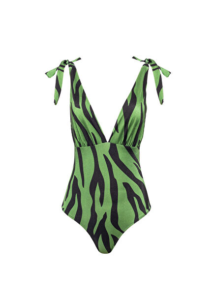 Iris Green Black Satin Finish Shoulder Tie Zebra Print Women's Swimsuit