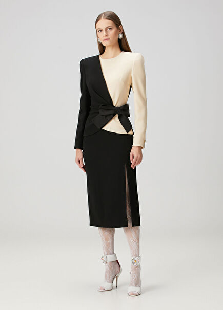 Black Cream Midi Wool Crepe Dress