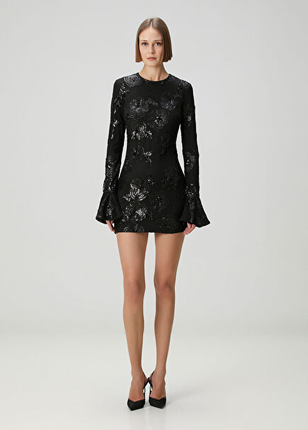 Black Sequined Floral Mini Cocktail Dress