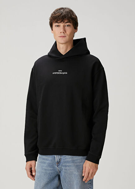 Black Hooded Logo Embroidered Sweatshirt
