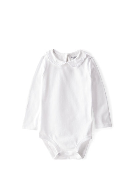 Beyaz Fistolu Yaka Uzun Kollu Kız Bebek Çıtçıtlı Body