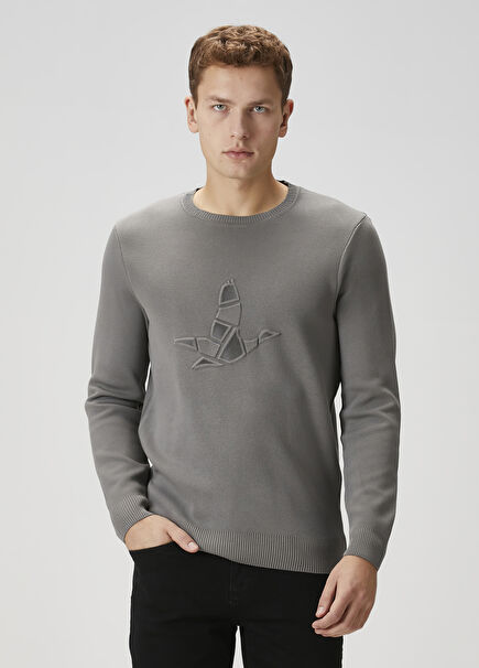 Gri Melanj Parçalı Kaz Baskılı Kazak