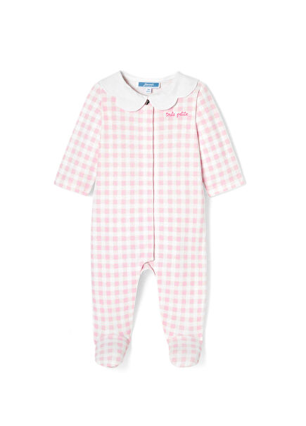 Yenidoğan Pembe Kız Bebek Taraklı Yaka Kareli Tulum