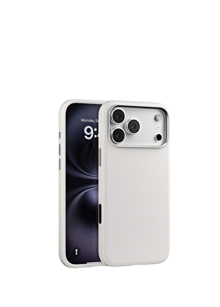 Leather iPhone 17 Pro Max Magsafe Uyumlu Beyaz Deri Telefon Kılıfı