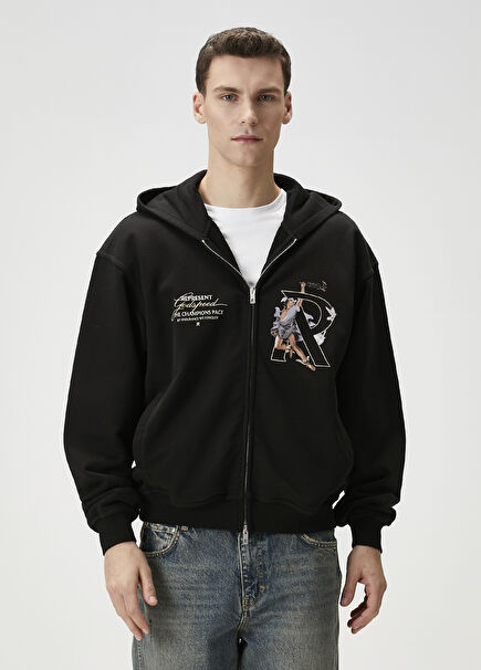 Black Hooded Figure Printed Sweatshirt