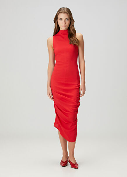 Red Draped Midi Dress