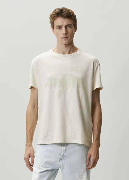 Krem Logo Baskılı T-shirt