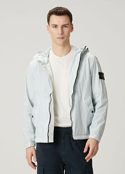 Açık Mavi Kapüşonlu Crinkle Mont