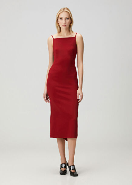 Kırmızı Midi Krep Elbise
