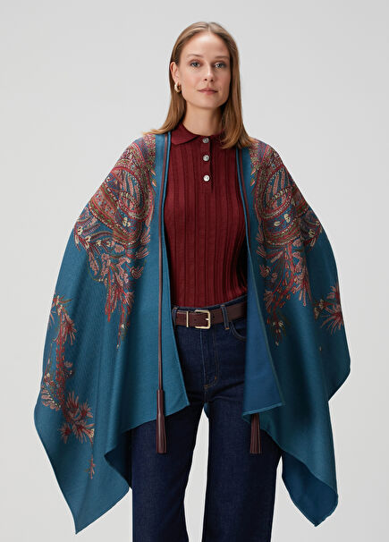 Mavi Desenli Yün Pelerin