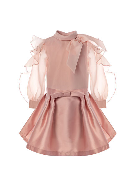 Pudra Rengi Organze Fırfırlı Bluz ve Etek Kız Çocuk 2'li Set