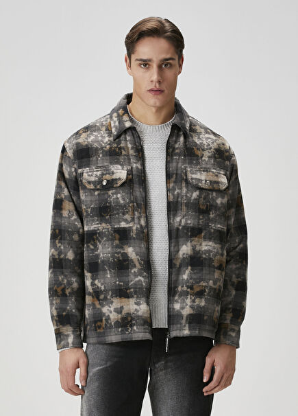 Curved Gri Ekoseli Dış Gömlek