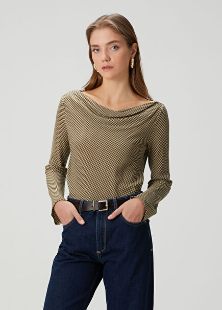 Haki Pötikareli Yün Karışımlı Bluz