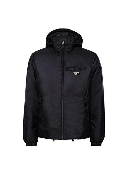 Black Re-Nylon Puffer Men's Coat with Hood