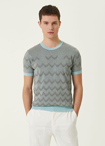 Short Sleeve Silk Knitwear With Light Blue Geometr
