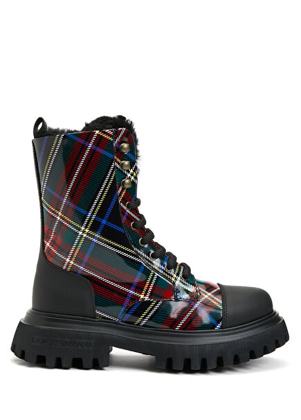 Lacivert Ekoseli Kız Çocuk Deri Bot