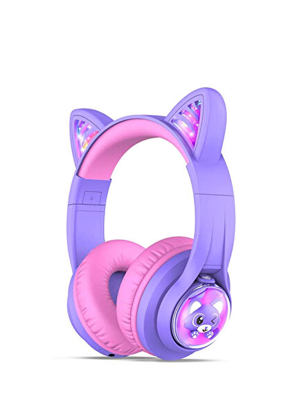 BTH19 Mor Kedi Kulaklı Unisex Çocuk Kulak Üstü Bluetooth Kulaklık 