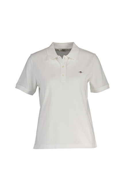 Beyaz Düğmeli Polo Yaka Regular Fit Kısa Kollu Kadın T-Shirt