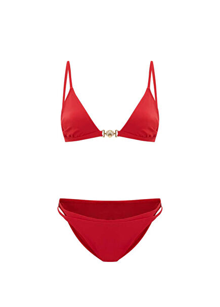Shellune Cherry Altın Deniz Kabuğu Aksesuarlı V Yaka Üçgen Kadın Bikini Takımı