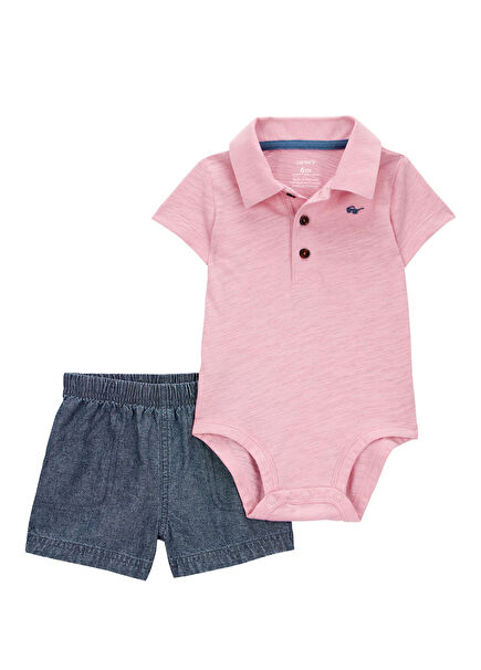 Pink Shirt Collar Short Sleeve Snap Bodysuit and Shorts 2-Pack Baby Boy Set