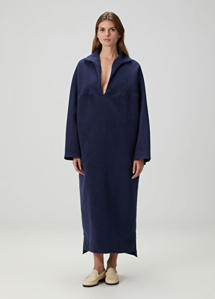 Lacivert Midi İpek Elbise