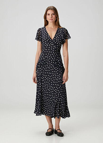 Evia Lacivert Puantiyeli Midi İpek Elbise