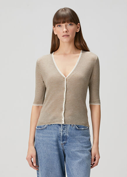 Beige White Striped Wool Knit Cardigan