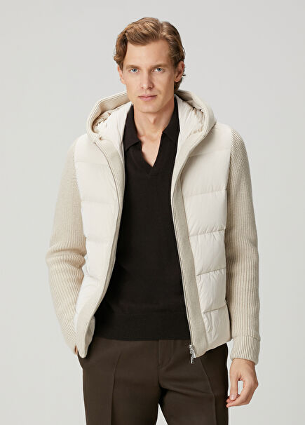 Archie Beyaz Kapüşonlu Triko Garnili Mont