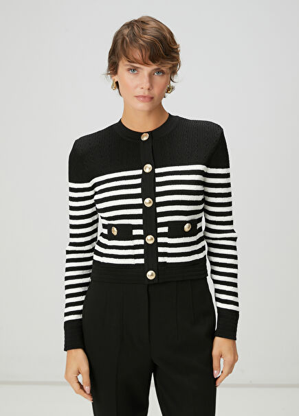 Black White Striped Cardigan