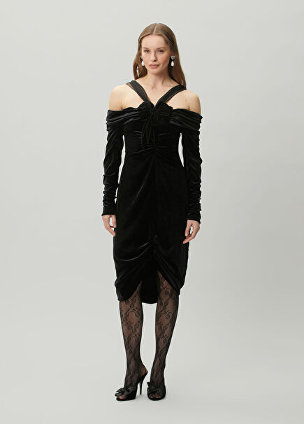 Black Bow Detail Midi Velvet Cocktail Dress