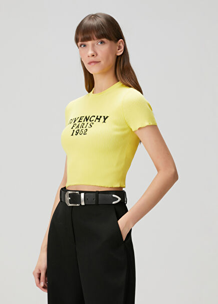 Sarı Logo Jakarlı Ribli T-shirt