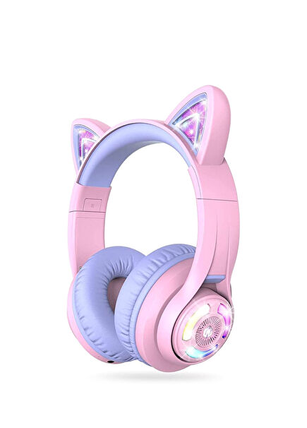 BTH13 Mor Kedi Kulaklı Unisex Çocuk Kulak Üstü Bluetooth Kulaklık 