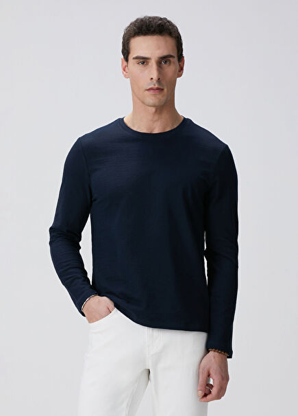 Lacivert Uzun Kollu Pamuk T-shirt