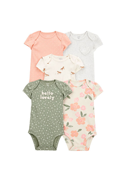 Renkli Pamuklu Çıtçıtlı Kısa Kollu Kız Bebek 5'li Body Seti